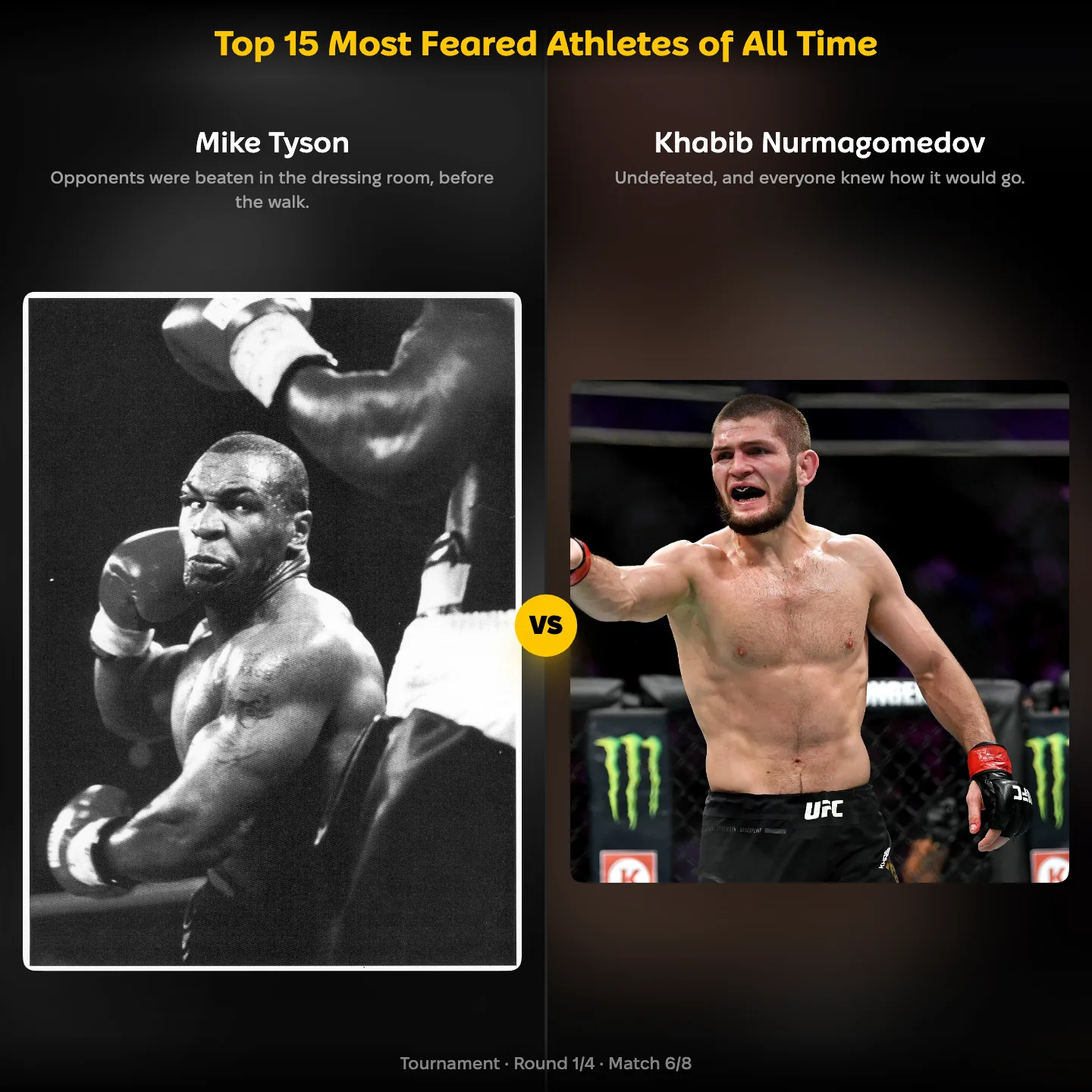 Mike Tyson against Khabib Nurmagomedov in the Top 15 Most Feared Athletes of All Time ranking