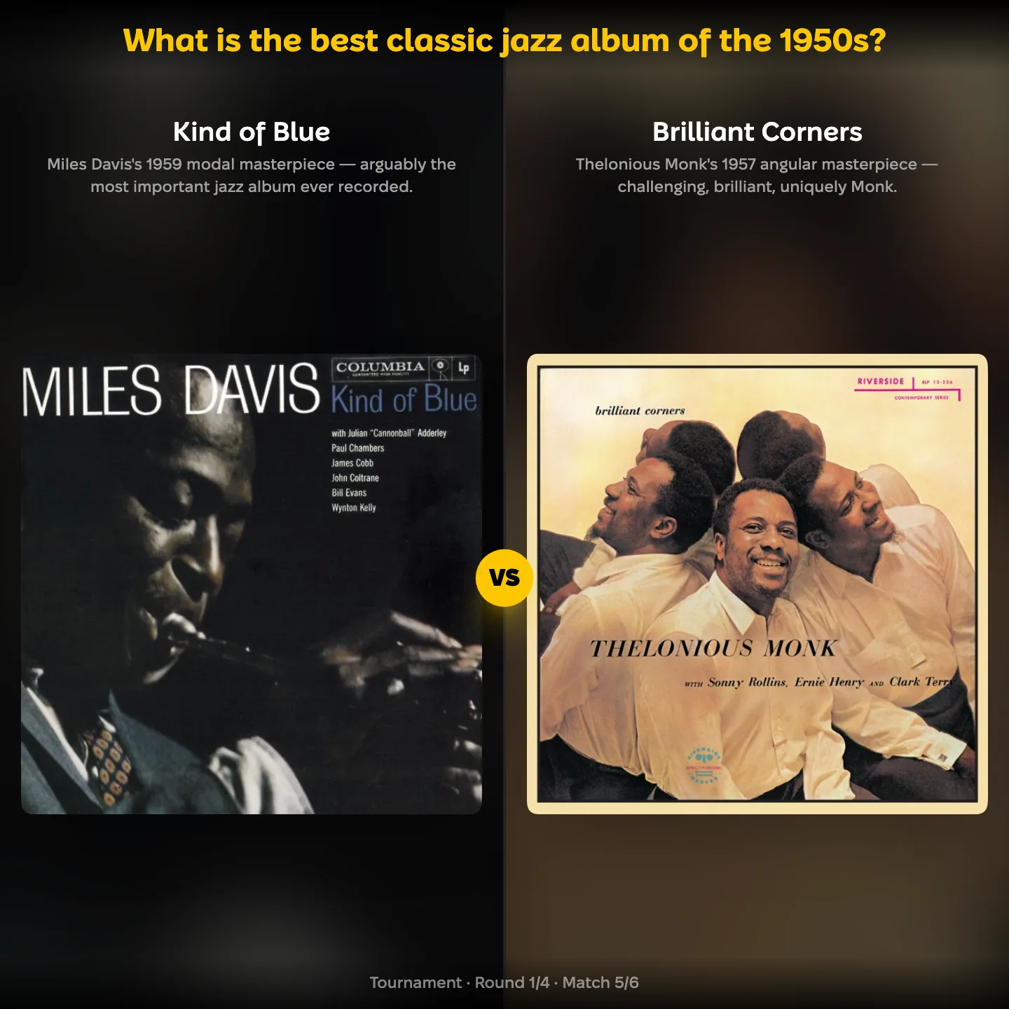 Kind of Blue against Brilliant Corners in the best classic jazz album of the 1950s ranking