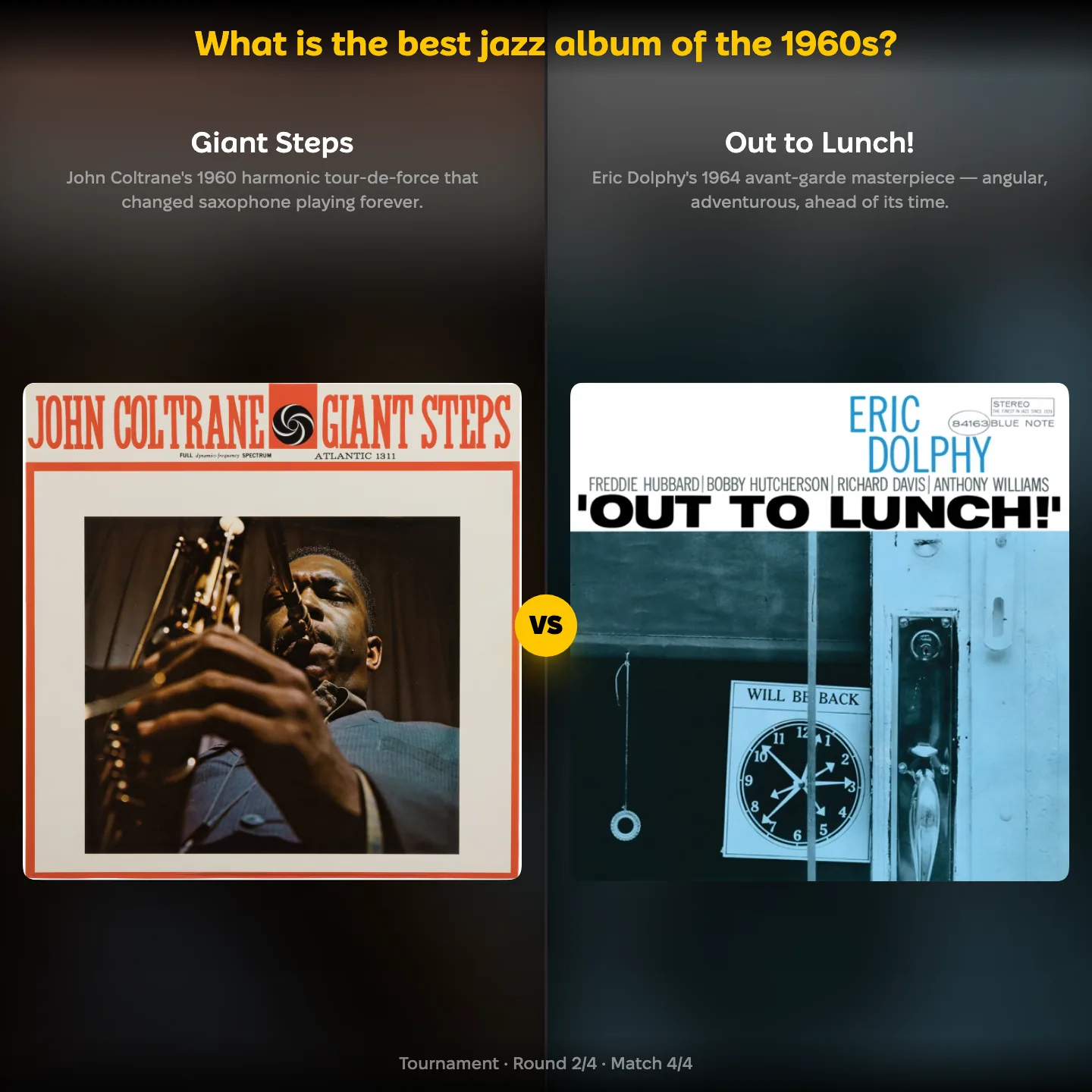 Giant Steps against Out to Lunch in the best jazz album of the 1960s ranking