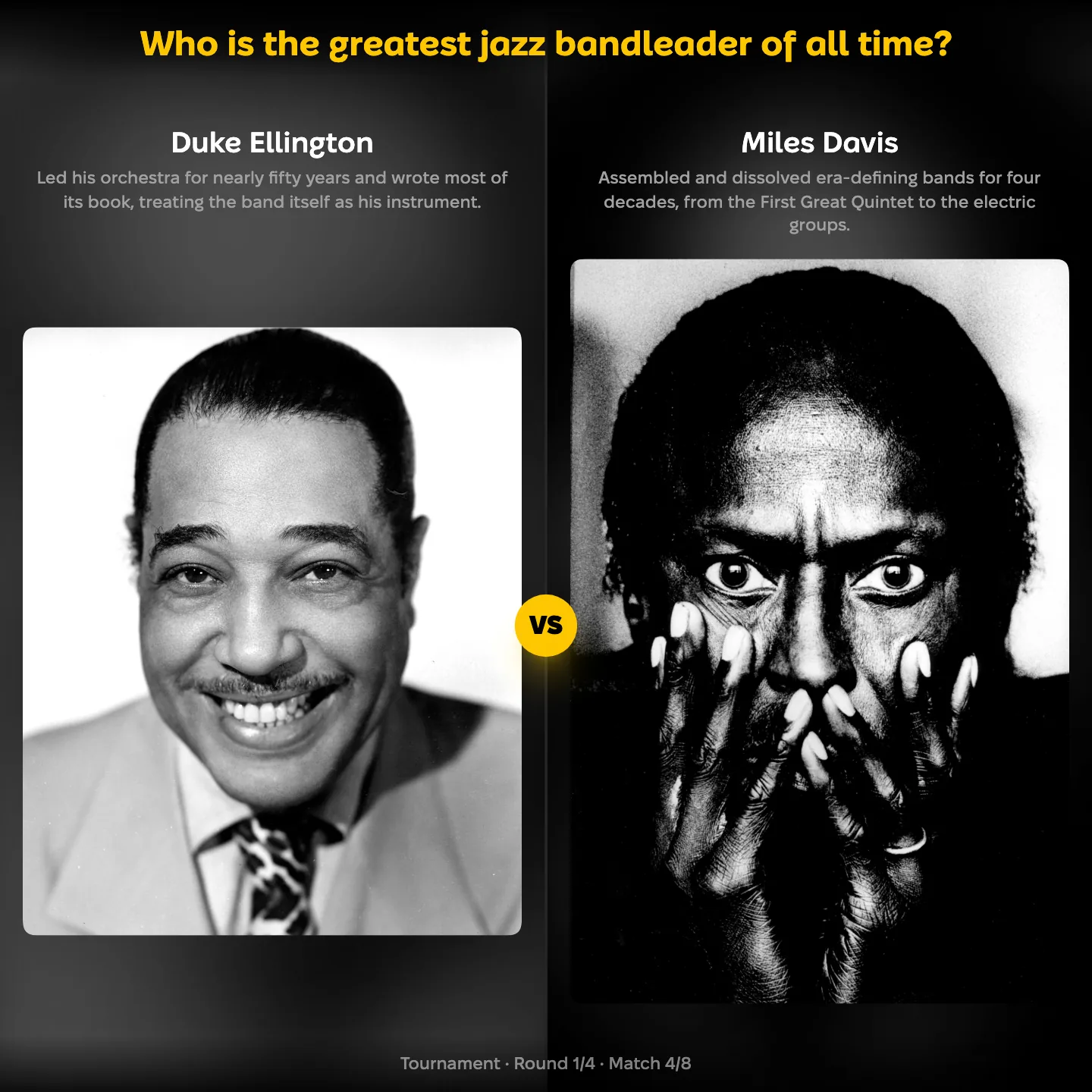 Duke Ellington against Miles Davis in the greatest jazz bandleader ranking