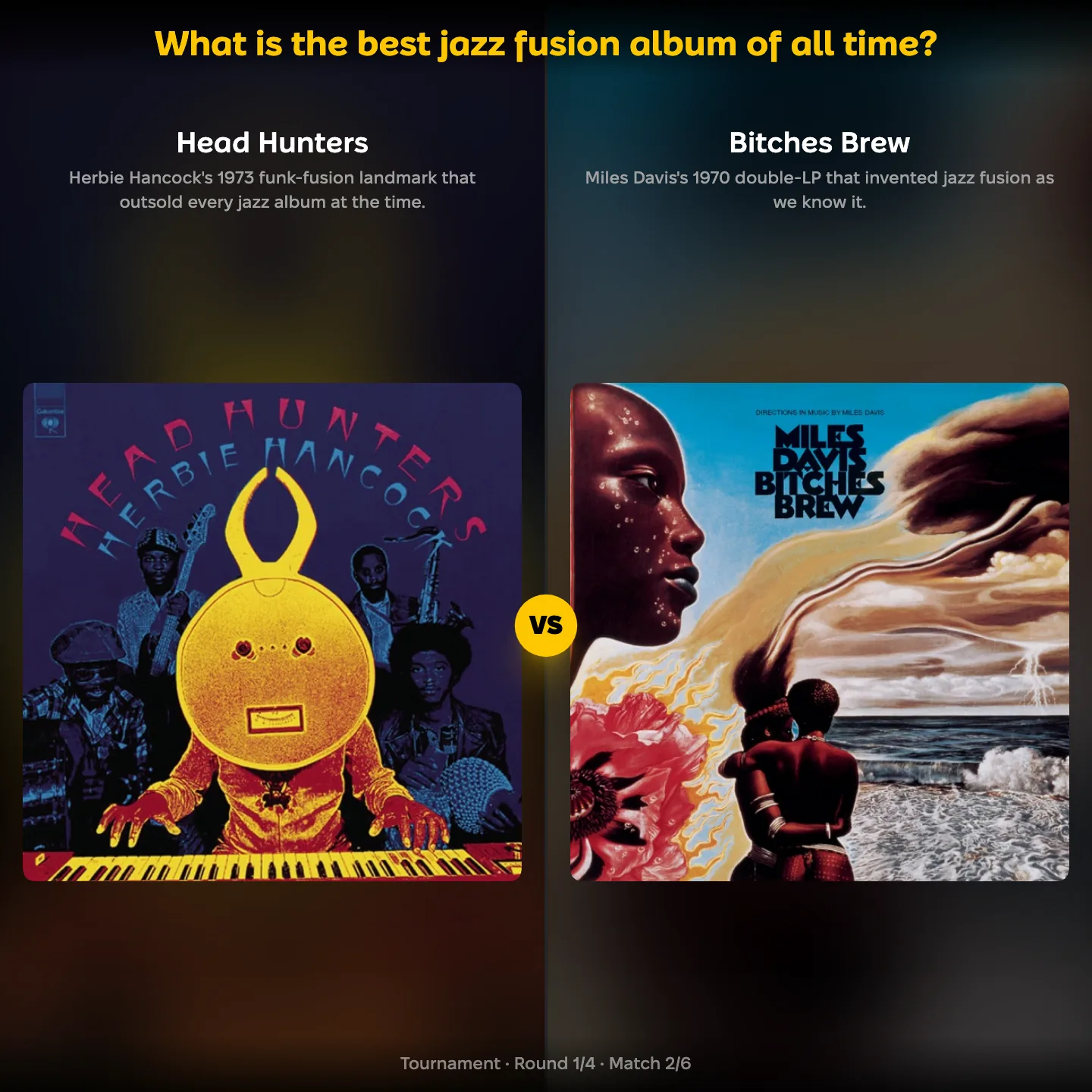 Head Hunters against Bitches Brew in the best jazz fusion album ranking