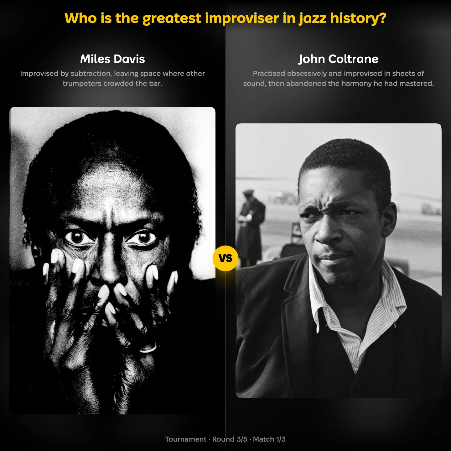 Miles Davis against John Coltrane in the greatest improviser in jazz history ranking