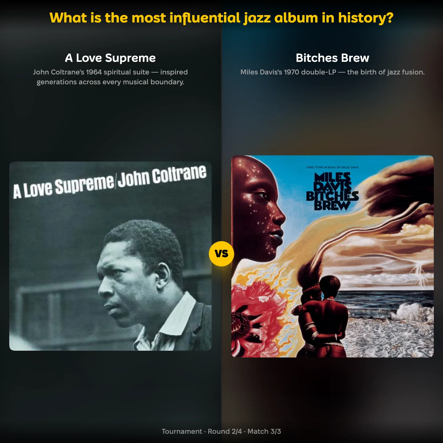 A Love Supreme against Bitches Brew in the most influential jazz album ranking