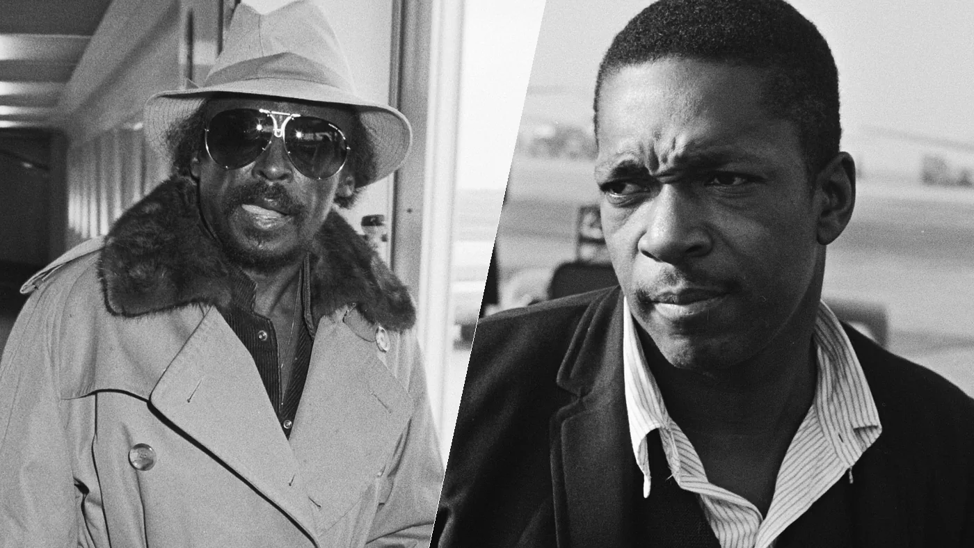 Miles Davis and John Coltrane, photographed by Dutch press photographers on arrival in the Netherlands