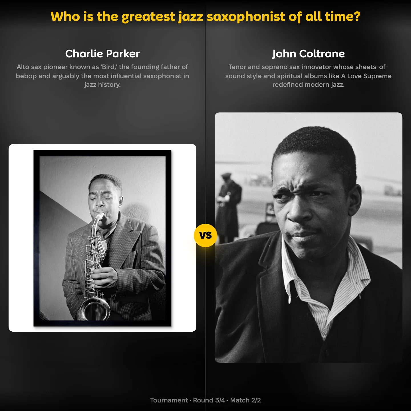 Charlie Parker against John Coltrane in the greatest jazz saxophonist ranking