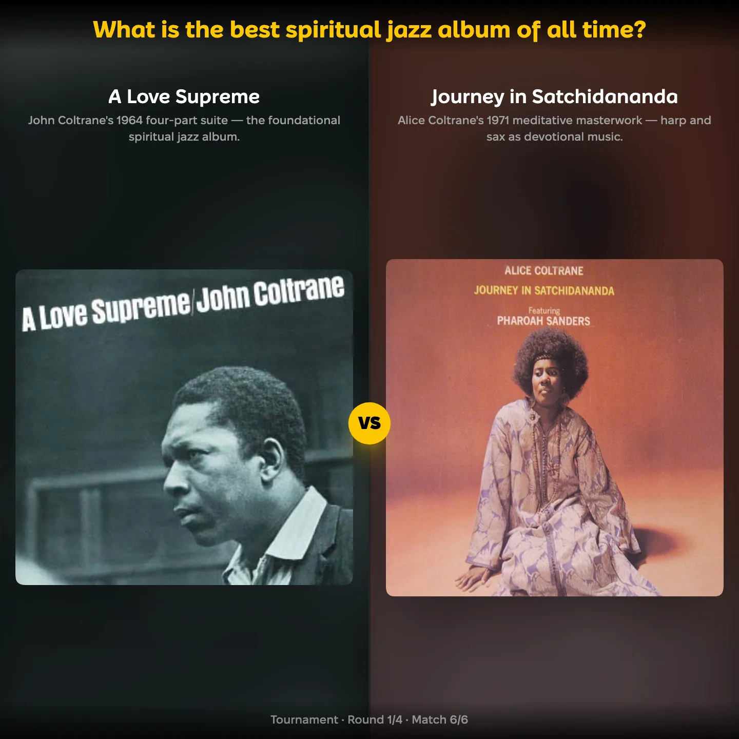A Love Supreme against Journey in Satchidananda in the best spiritual jazz album ranking