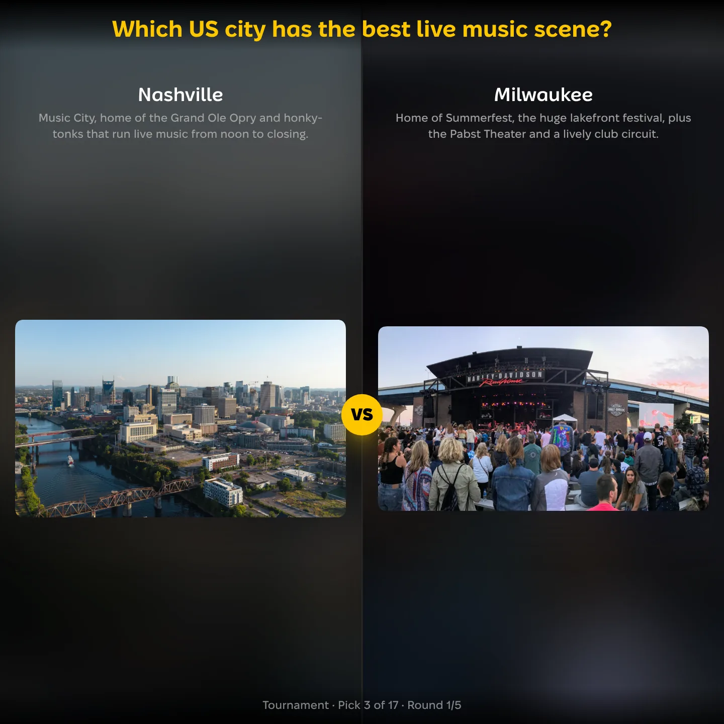 Which US city has the best live music scene, Milwaukee against Nashville