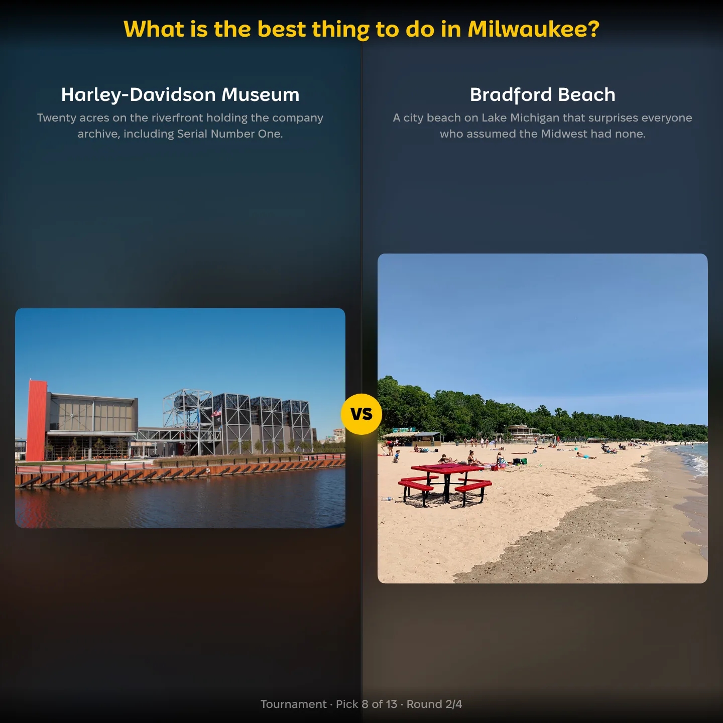 What is the best thing to do in Milwaukee, Harley-Davidson Museum against Bradford Beach