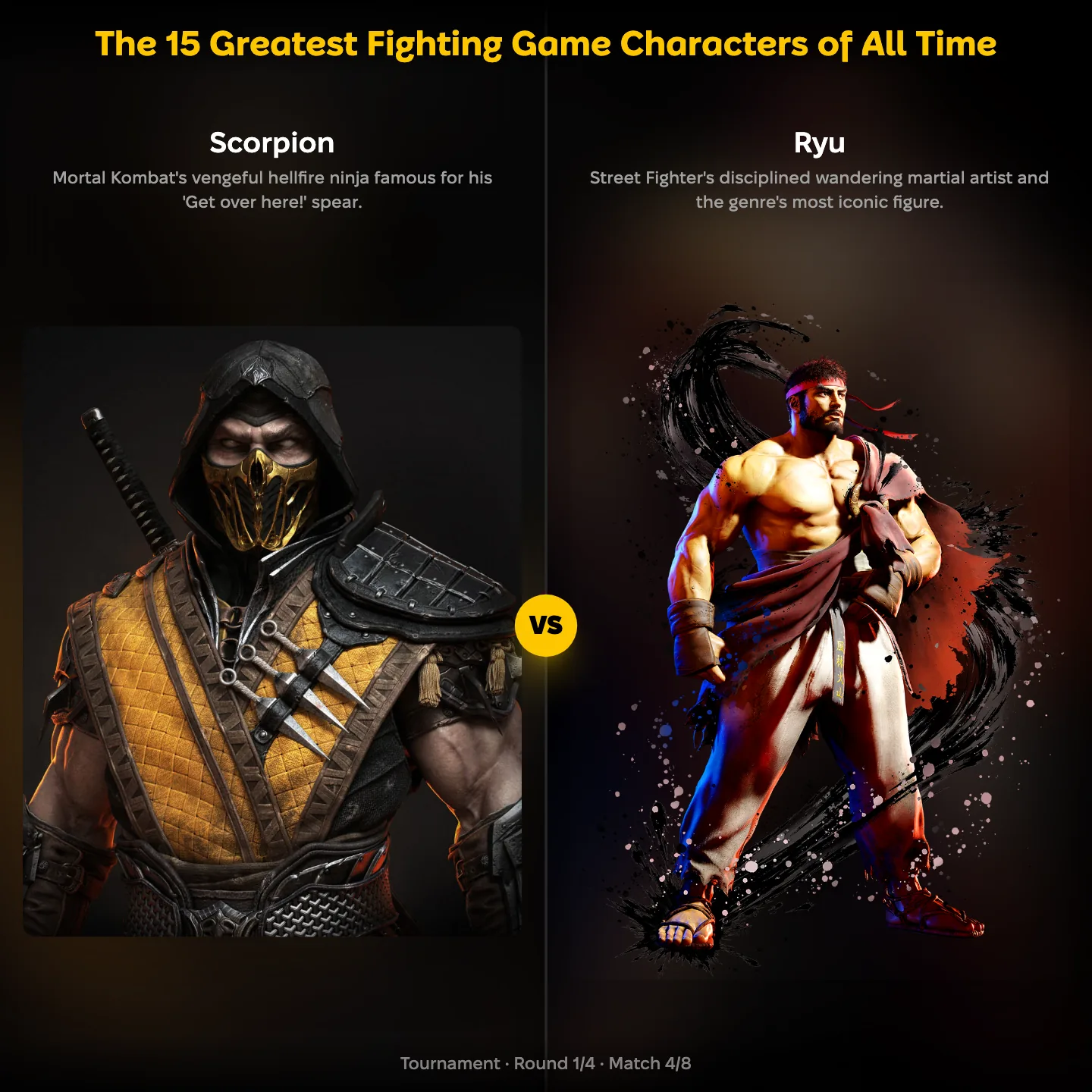 The greatest fighting game characters of all time ranked, with Mortal Kombat's Scorpion against Street Fighter's Ryu