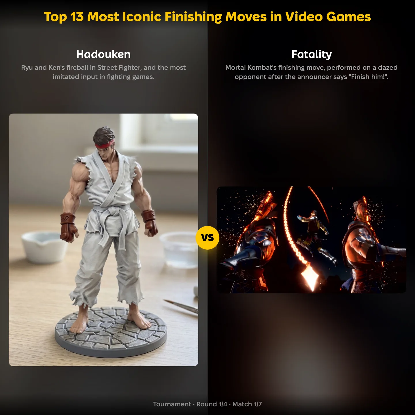 The most iconic finishing moves in video games ranked, with Street Fighter's Hadouken against Mortal Kombat's Fatality