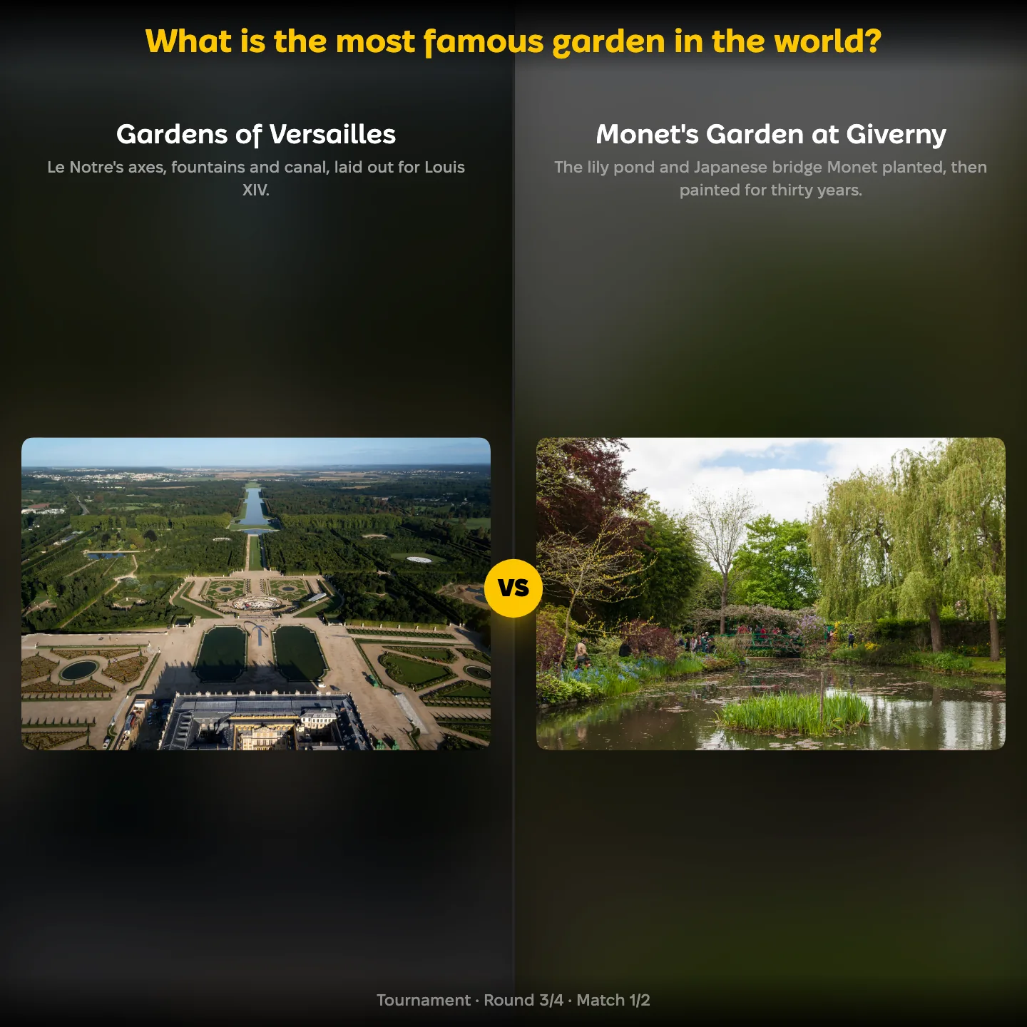The most famous garden in the world ranking on YouPickBest, showing the Gardens of Versailles against Monet's garden at Giverny