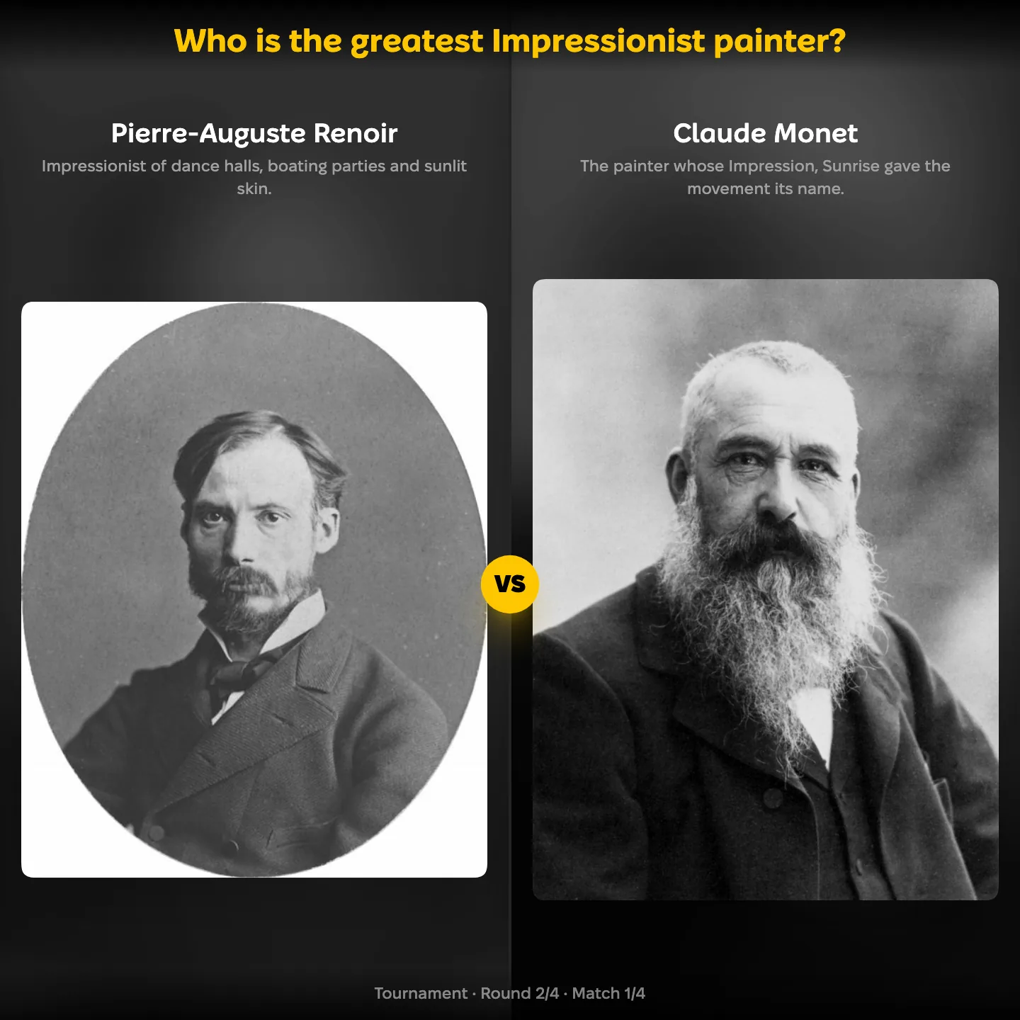 The greatest Impressionist painter ranking on YouPickBest, showing Pierre-Auguste Renoir against Claude Monet
