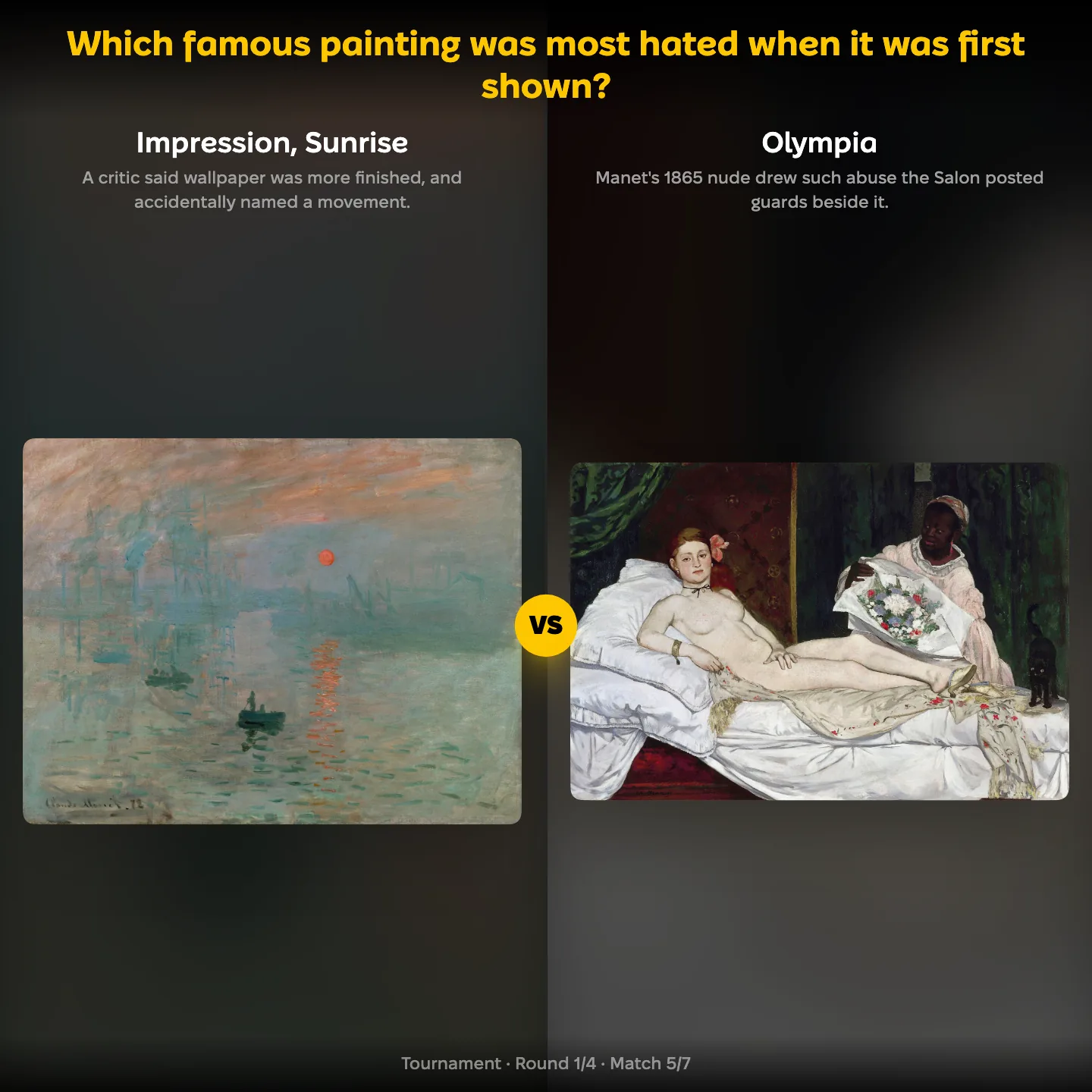 The most hated painting on first showing ranking on YouPickBest, showing Impression, Sunrise against Manet's Olympia