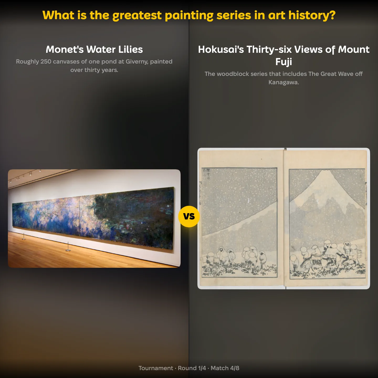 The greatest painting series in art history ranking on YouPickBest, showing Monet's Water Lilies against Hokusai's Thirty-six Views of Mount Fuji