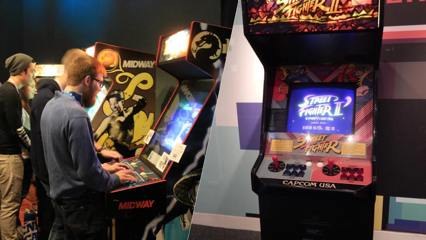 A Midway Mortal Kombat arcade cabinet and a Capcom Street Fighter II arcade cabinet side by side