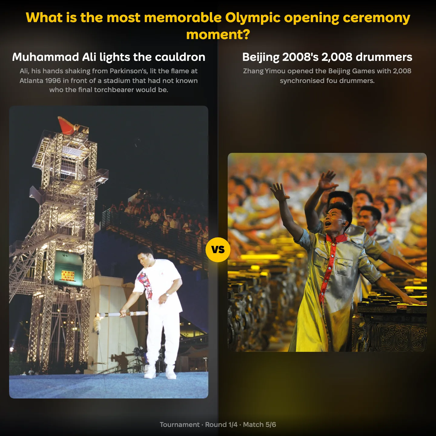 What is the most memorable Olympic opening ceremony moment, Muhammad Ali lighting the cauldron against the Beijing 2008 drummers