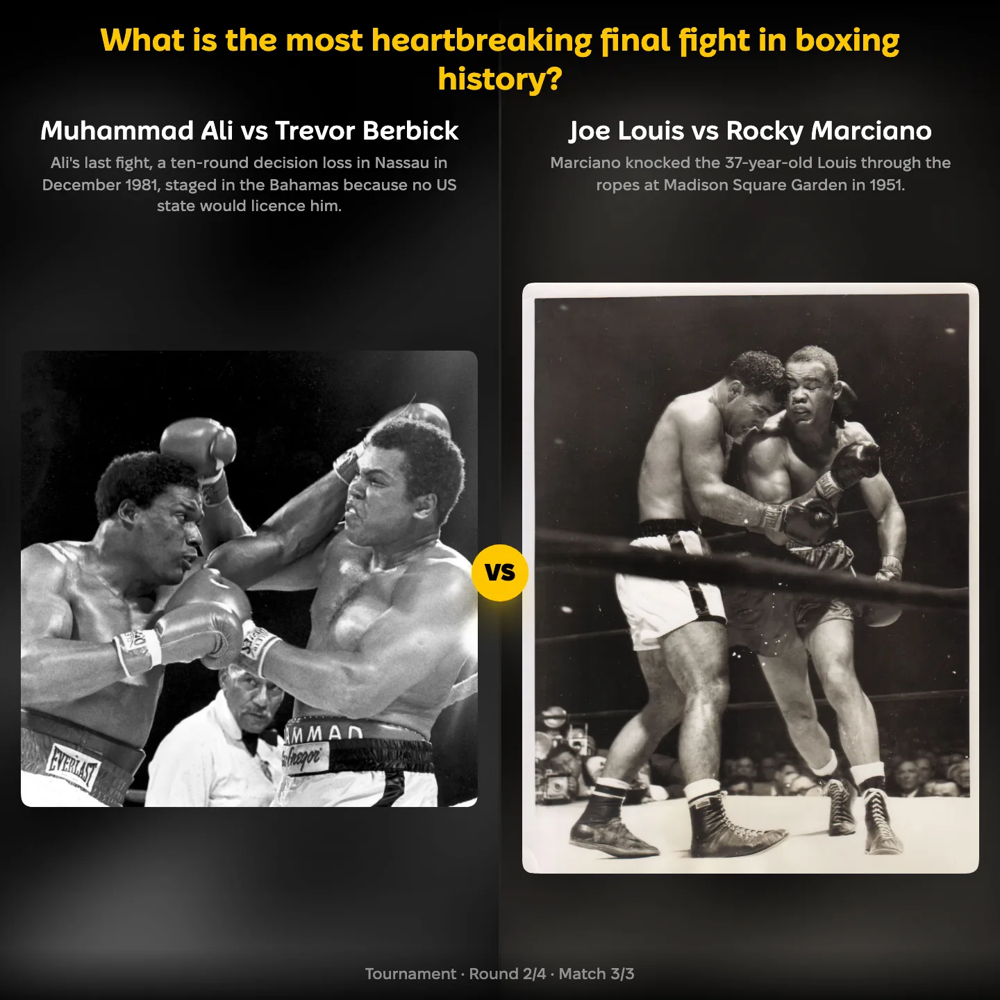 What is the most heartbreaking final fight in boxing history, Muhammad Ali versus Trevor Berbick against Joe Louis versus Rocky Marciano