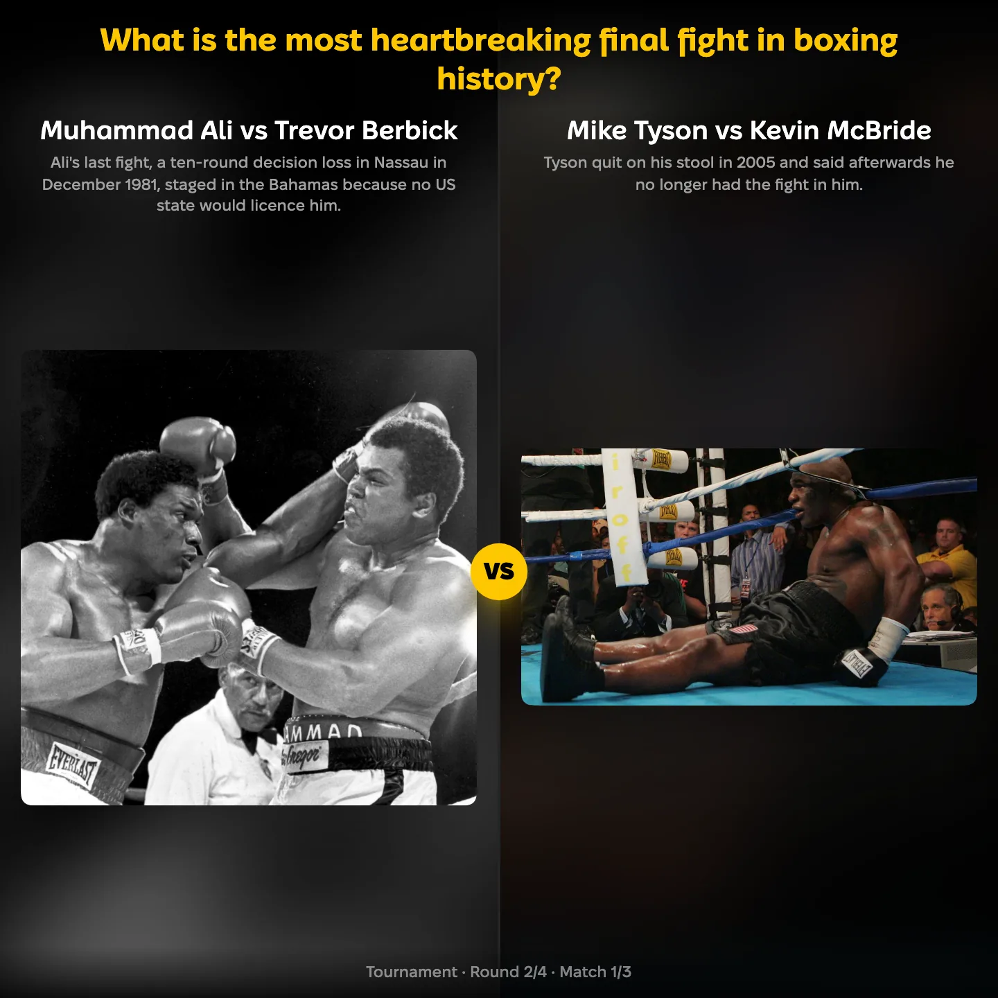 The most heartbreaking final fight in boxing history ranked, with Muhammad Ali against Trevor Berbick facing Mike Tyson against Kevin McBride