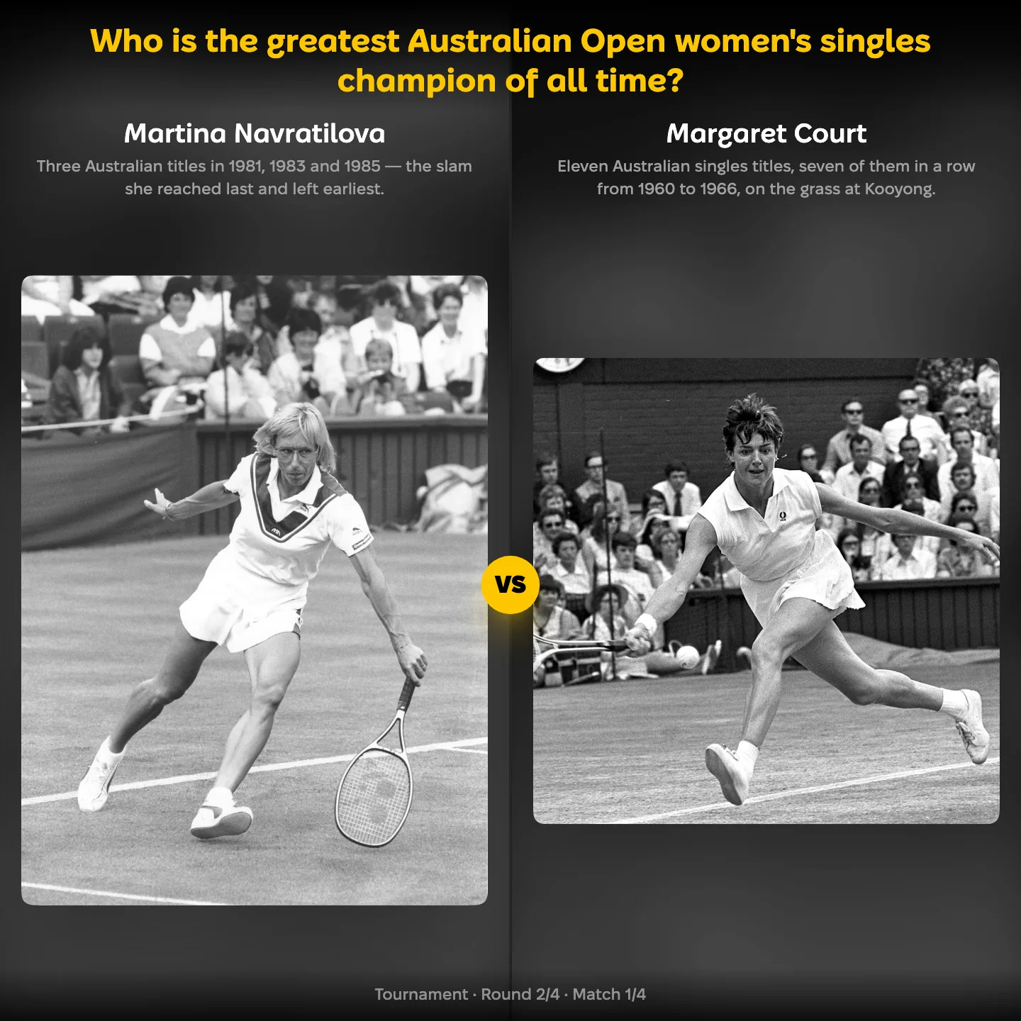 Martina Navratilova against Margaret Court in the ranking of the greatest Australian Open women's singles champions