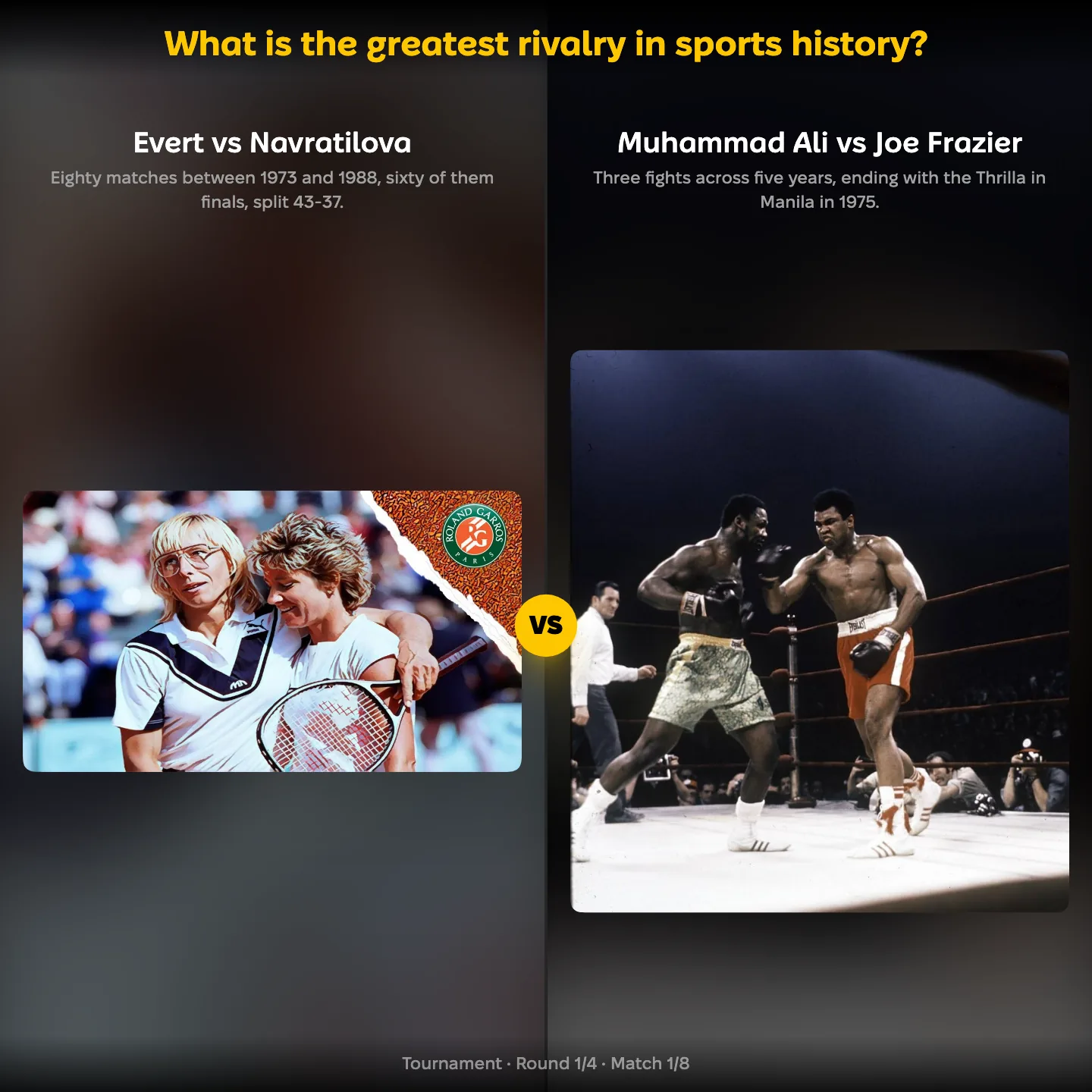 Evert against Navratilova compared with Muhammad Ali against Joe Frazier in the ranking of the greatest rivalry in sports history