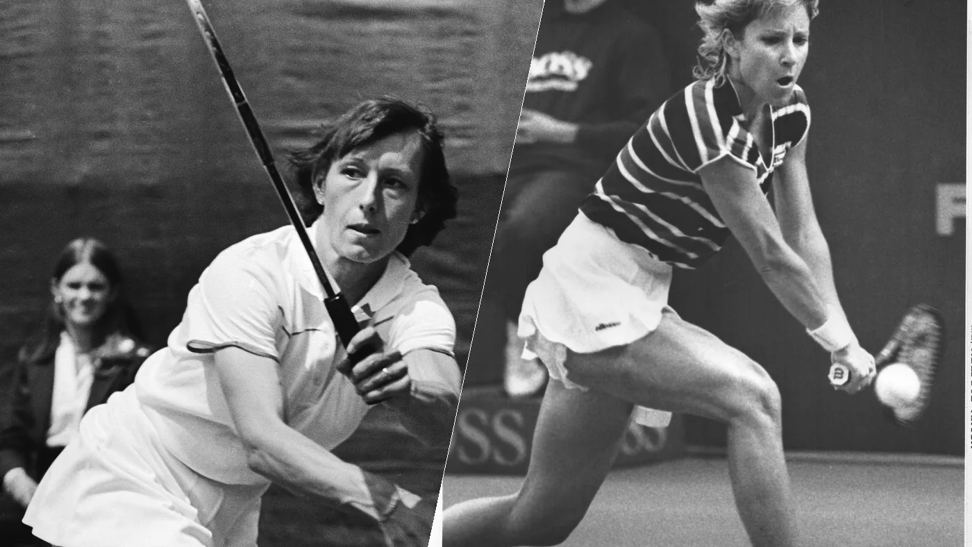 Martina Navratilova and Chris Evert, both mid-stroke in the 1980s