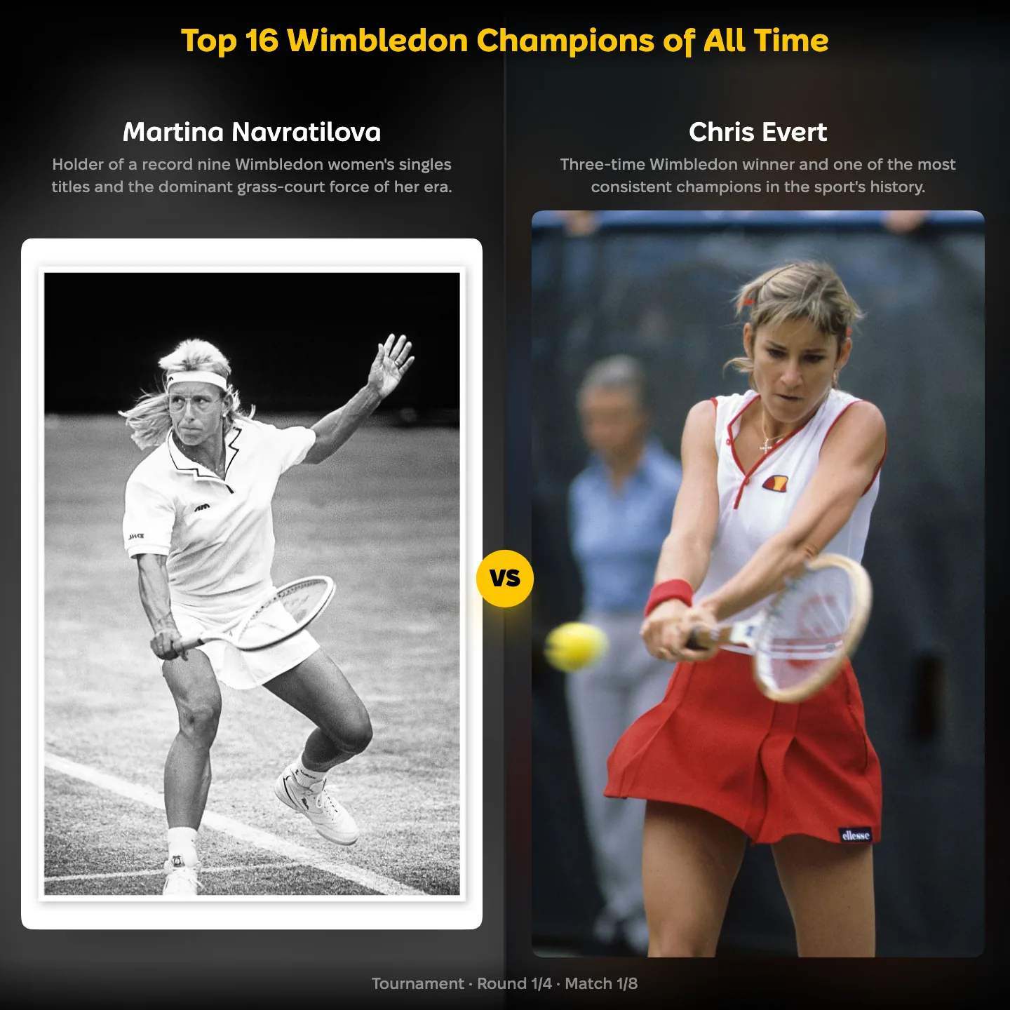 Martina Navratilova against Chris Evert in the ranking of the top Wimbledon champions of all time