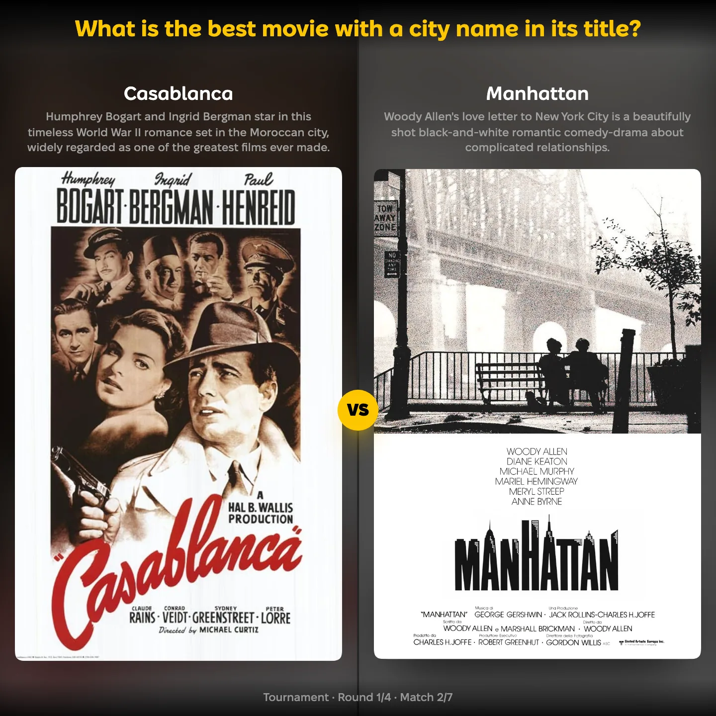 The best movie with a city name in its title ranked, with Manhattan against Casablanca