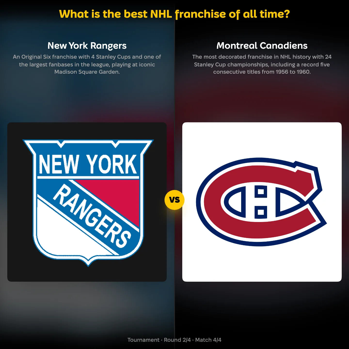 The best NHL franchise of all time ranked, with the New York Rangers against the Montreal Canadiens