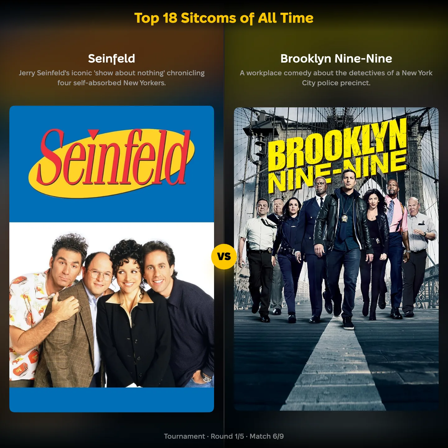 The top 18 sitcoms of all time ranked, with Brooklyn Nine-Nine against Seinfeld