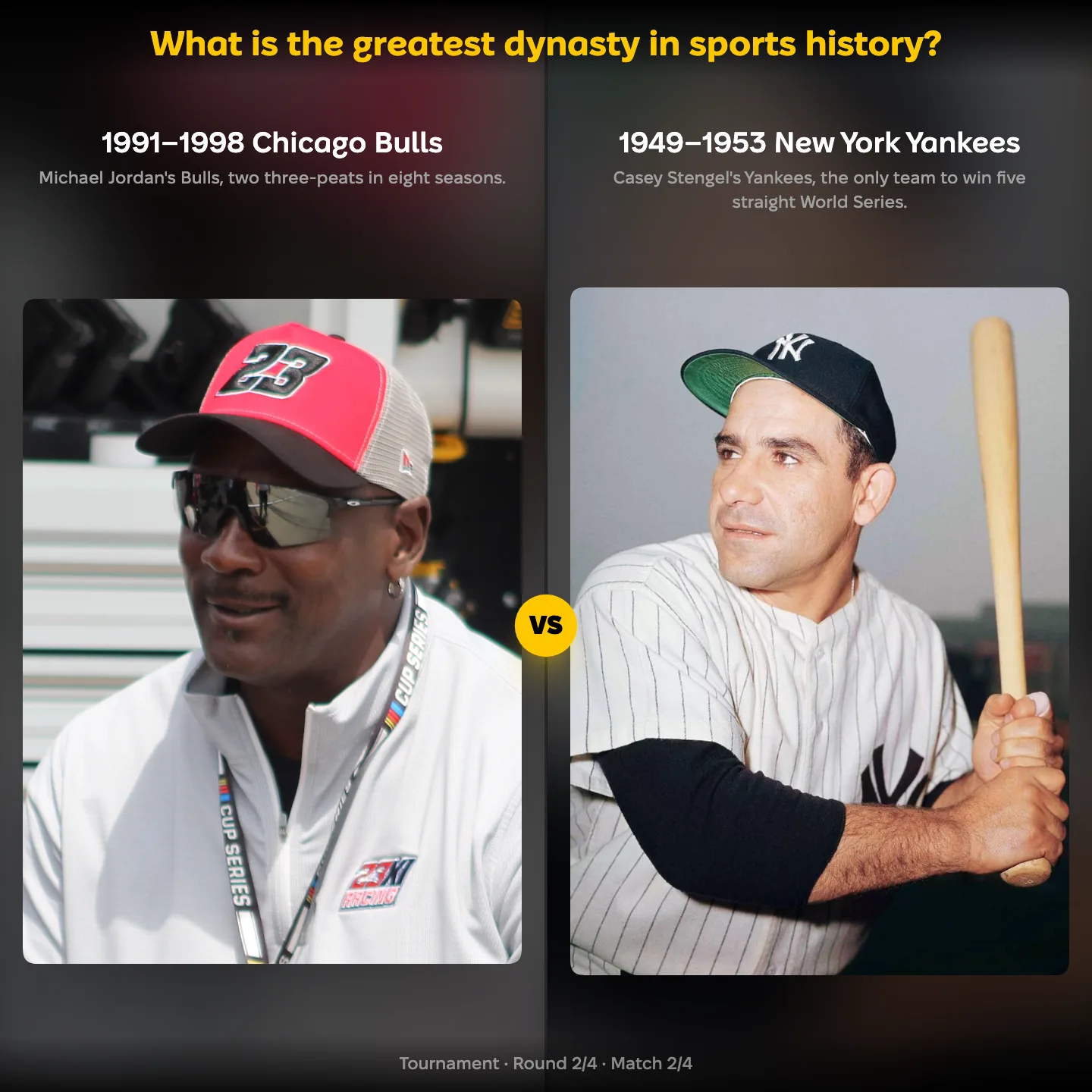 The 1991–1998 Chicago Bulls against the 1949–1953 New York Yankees in the greatest sports dynasty ranking