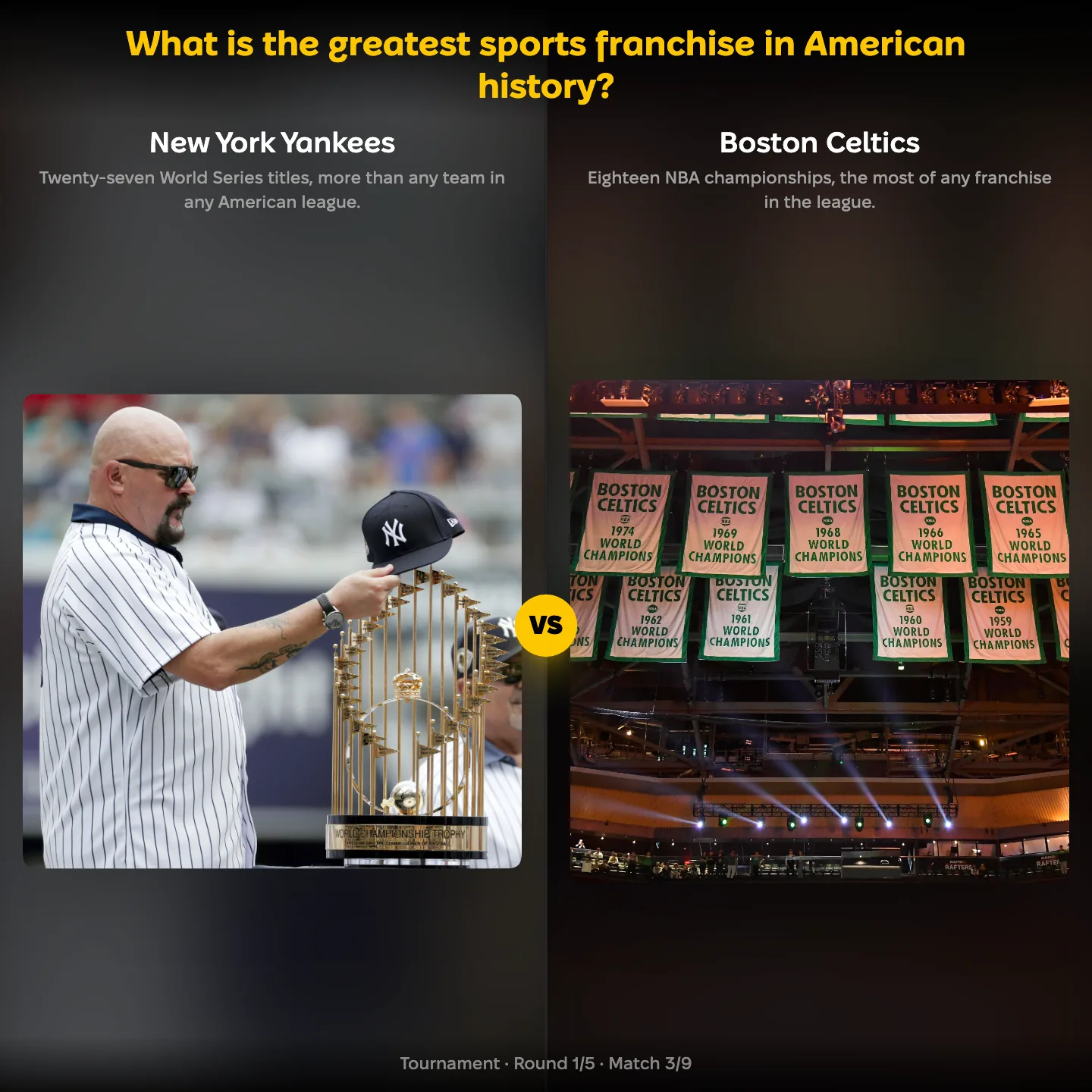 The New York Yankees against the Boston Celtics in the greatest American sports franchise ranking