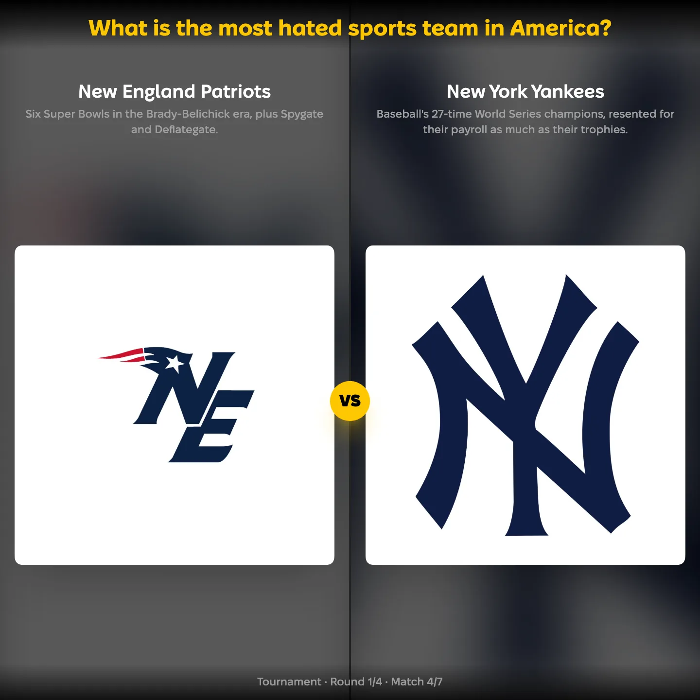 The New England Patriots against the New York Yankees in the most hated sports team in America ranking