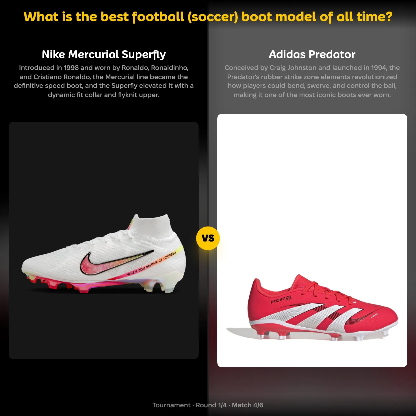 The best football boot model of all time ranked, Nike Mercurial Superfly against Adidas Predator