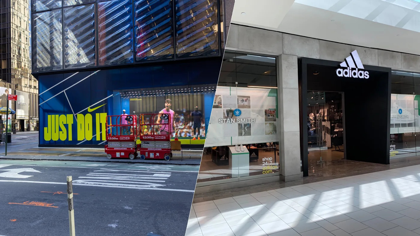 Nike and Adidas storefronts side by side, the two brands compared across 16 rankings