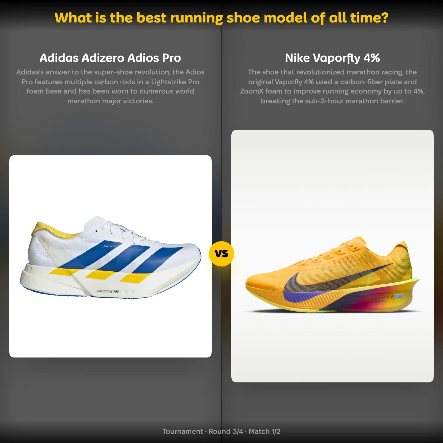 The best running shoe model of all time ranked, Adidas Adizero Adios Pro against Nike Vaporfly 4%