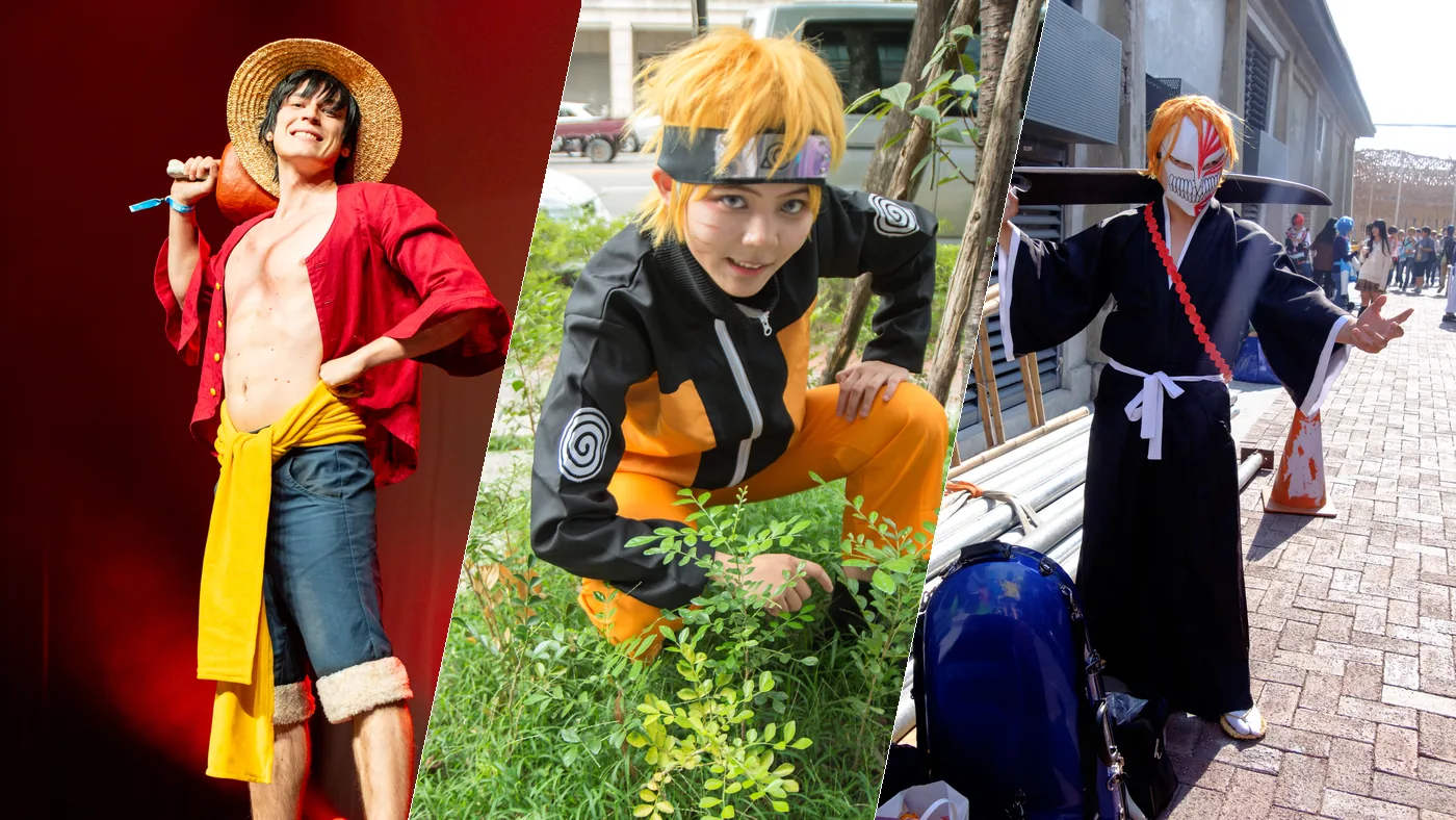 One Piece, Naruto and Bleach cosplayers side by side, the Big Three of Weekly Shonen Jump