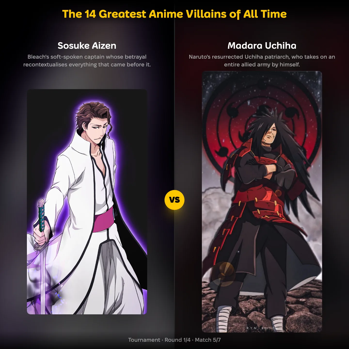 Sosuke Aizen from Bleach against Madara Uchiha from Naruto in the greatest anime villains ranking