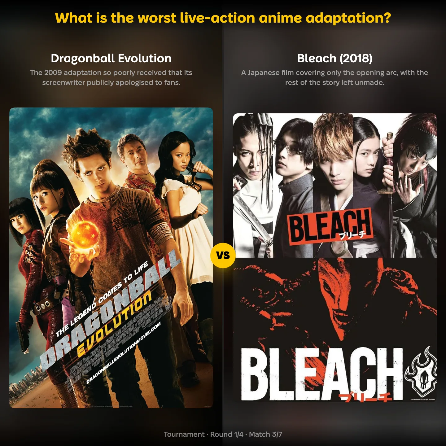 Dragonball Evolution against the 2018 live-action Bleach in the worst live-action anime adaptation ranking