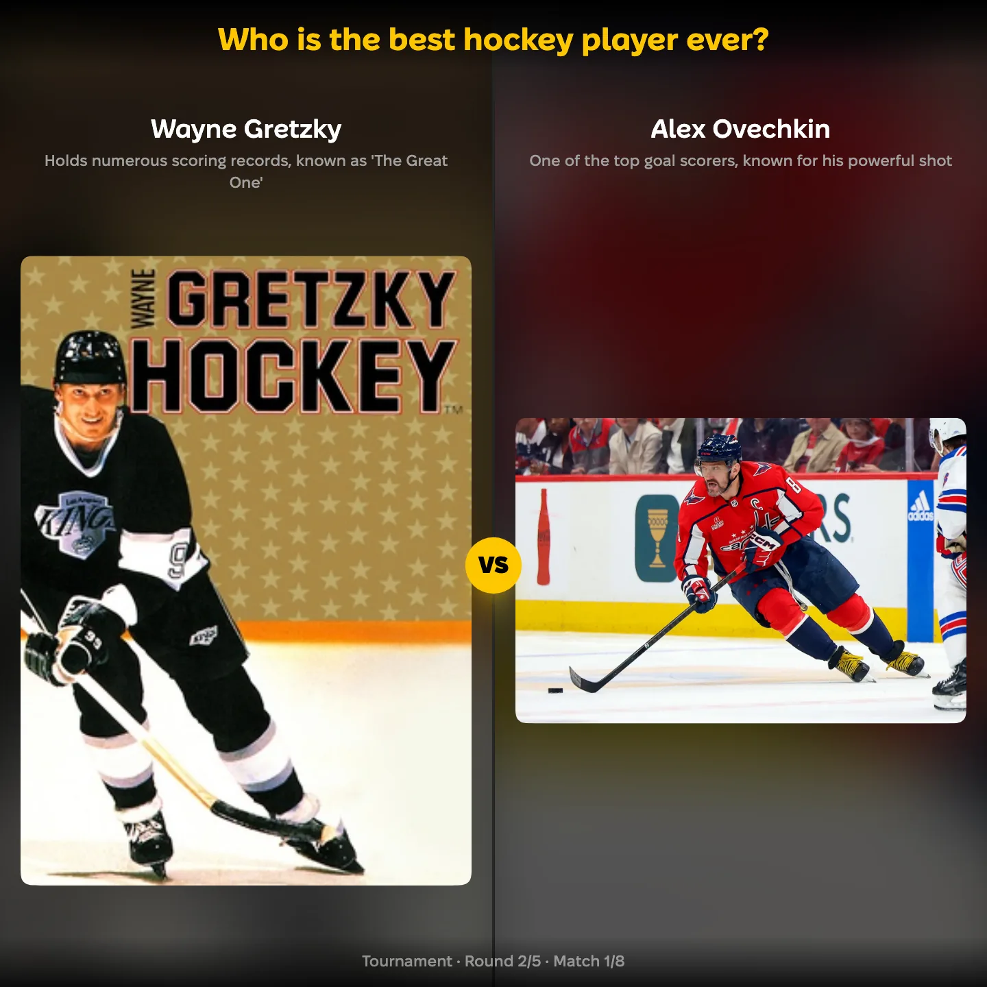 The best hockey player ever ranking, showing Wayne Gretzky against Alex Ovechkin