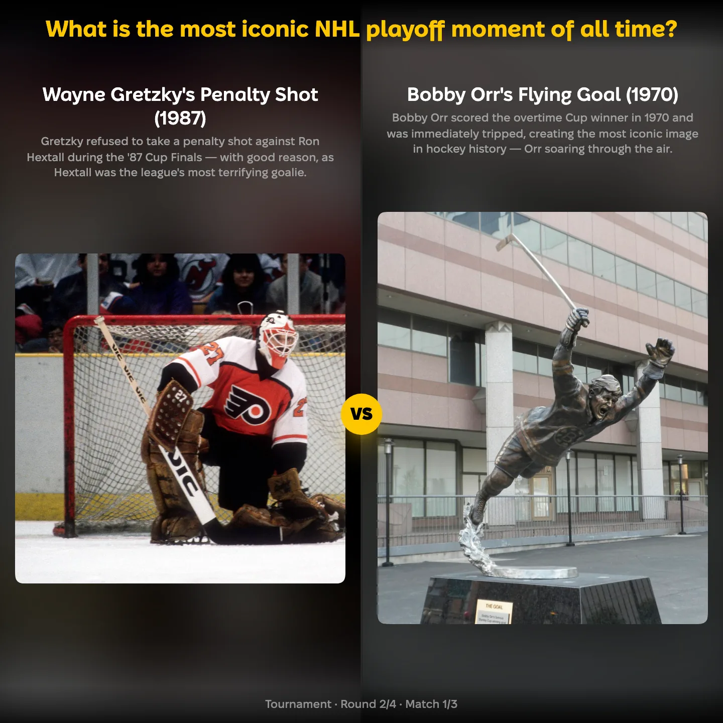 The most iconic NHL playoff moment ranking, with Wayne Gretzky's 1987 penalty shot against Bobby Orr's flying goal