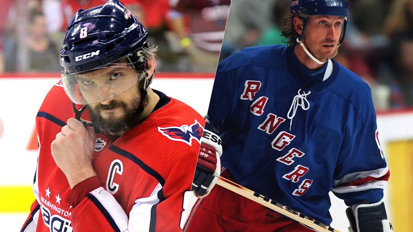 Alex Ovechkin in Washington Capitals red and Wayne Gretzky in a New York Rangers jersey, side by side