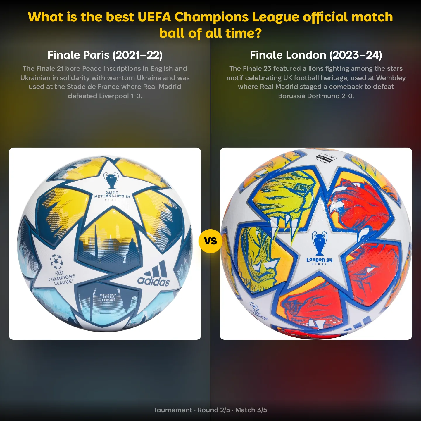The Finale Paris ball against the Finale London ball in the best Champions League match ball ranking