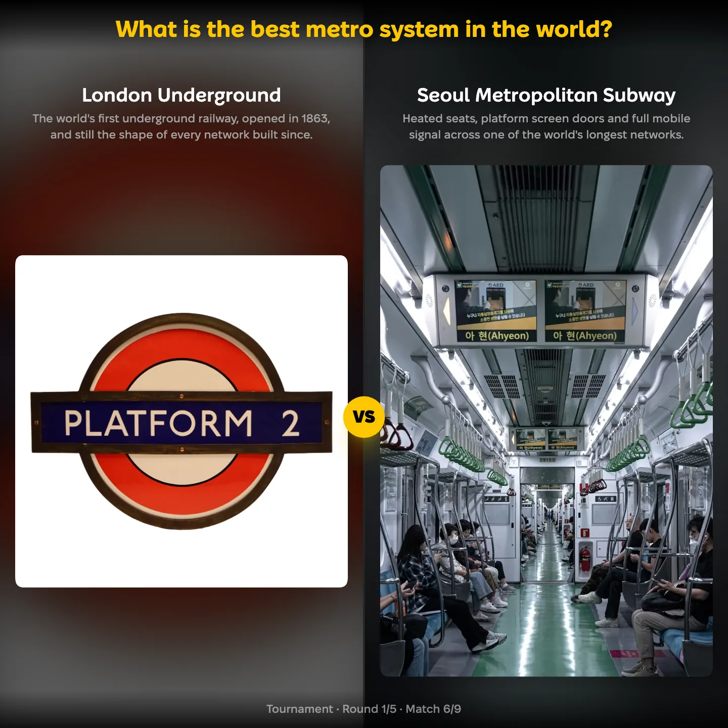The London Underground against the Seoul Metropolitan Subway in the best metro system ranking