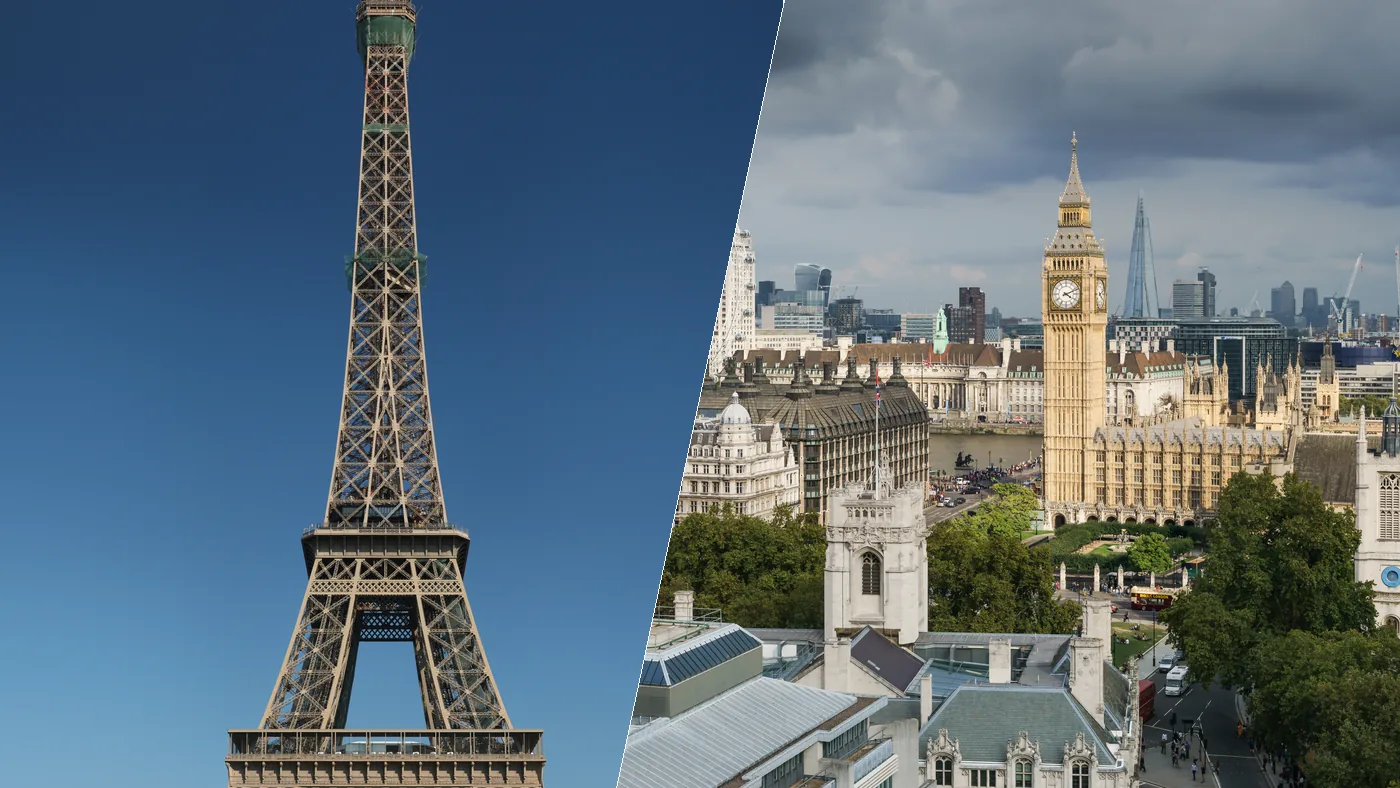 Paris and London side by side: the Eiffel Tower and the Palace of Westminster