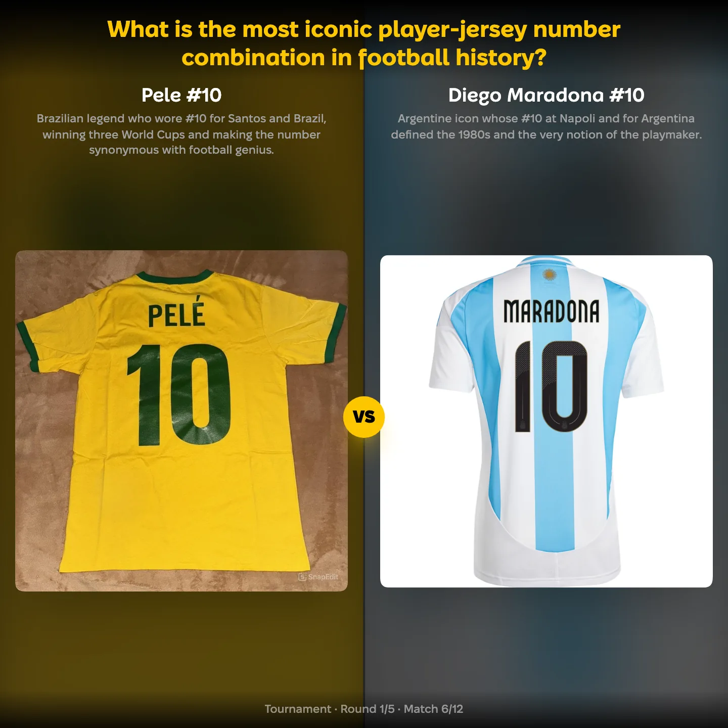The most iconic player-jersey number combination in football history ranked, with Pelé #10 against Diego Maradona #10