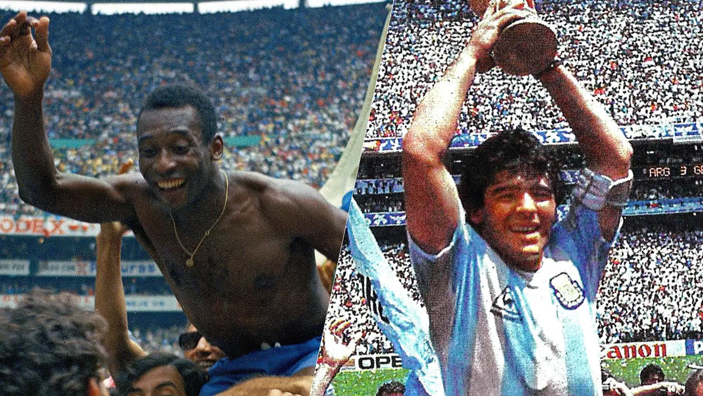 Pelé carried by the crowd after the 1970 World Cup final and Diego Maradona lifting the trophy in 1986, both at the Estadio Azteca