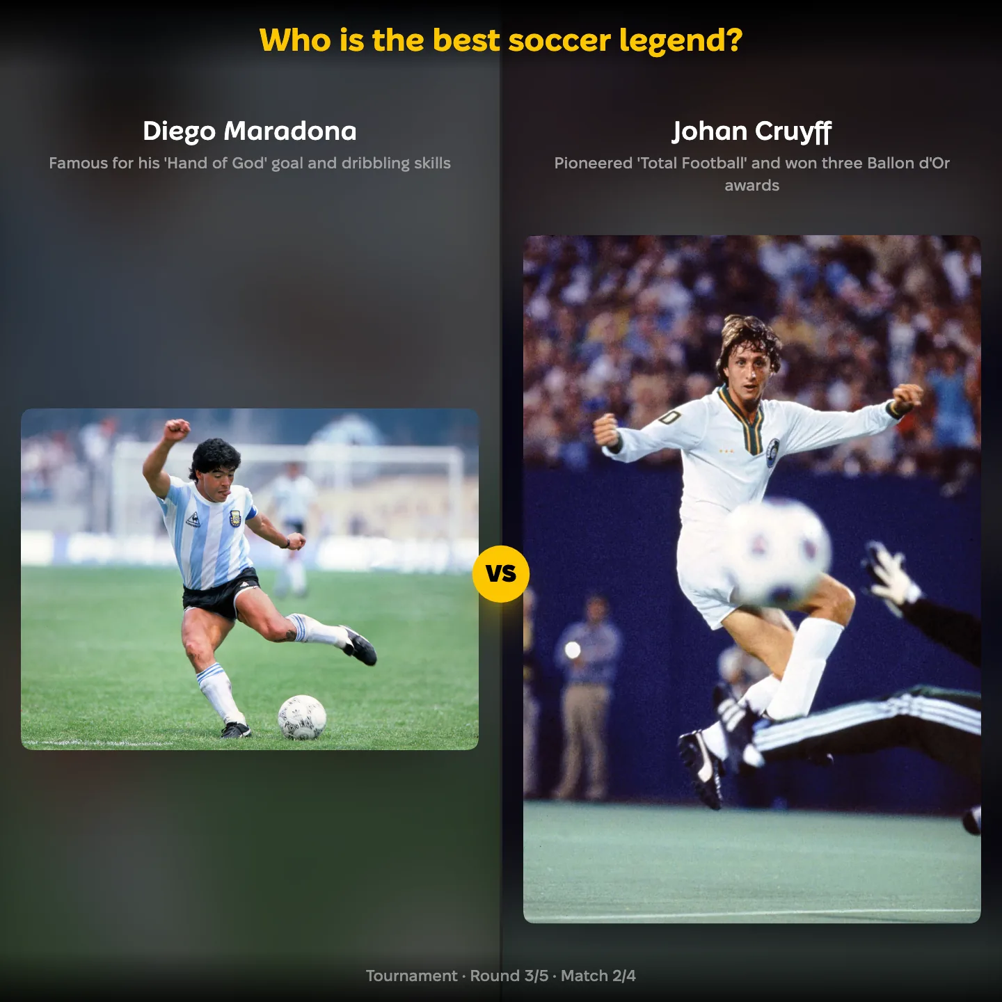 The best soccer legend ranked, with Diego Maradona against Johan Cruyff among 32 options including Pelé