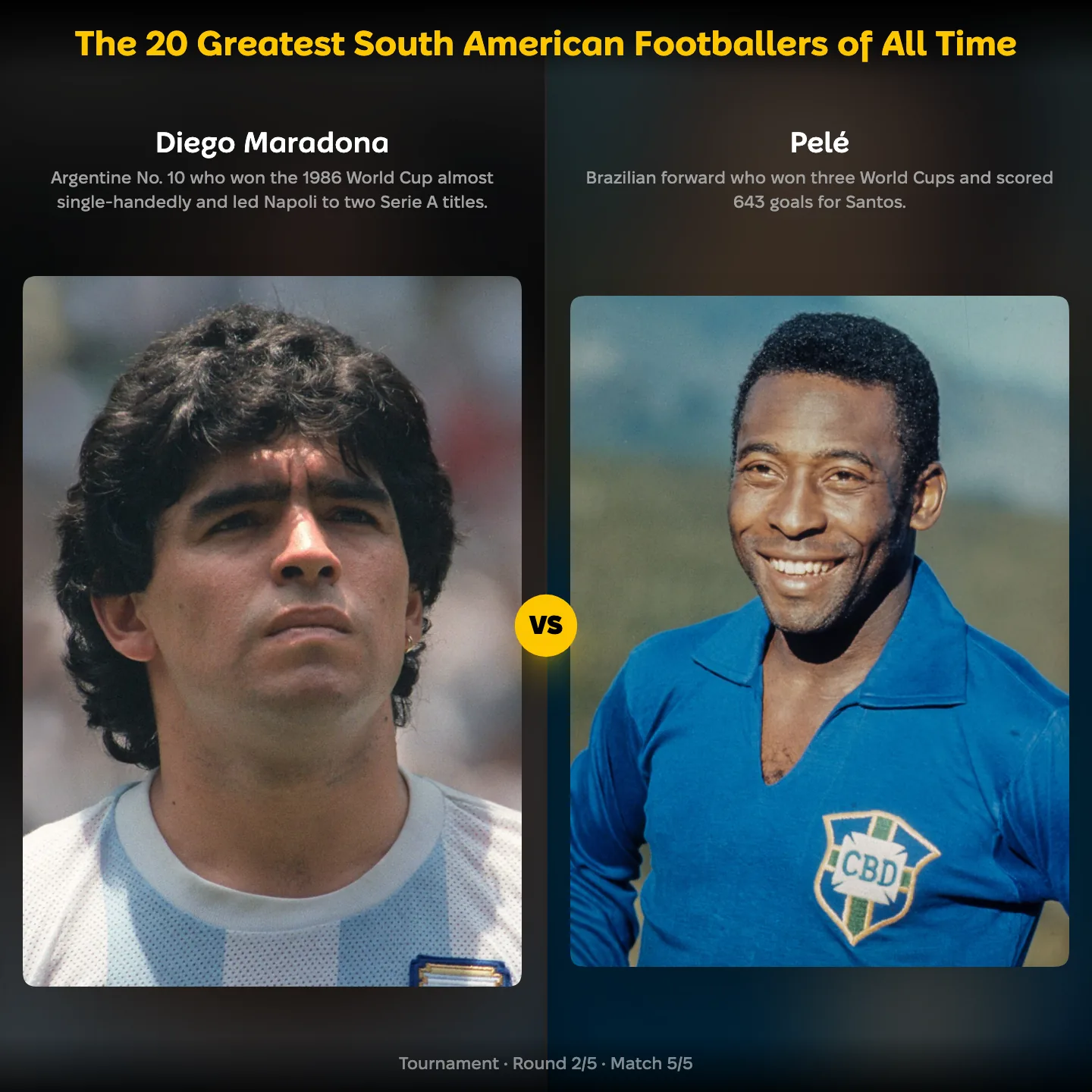 The 20 greatest South American footballers of all time ranked, with Diego Maradona against Pelé
