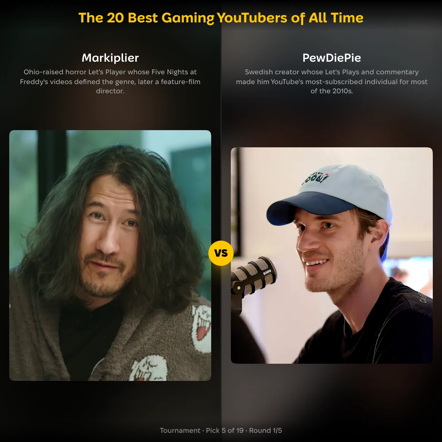 The 20 best gaming YouTubers of all time ranking, Markiplier against PewDiePie
