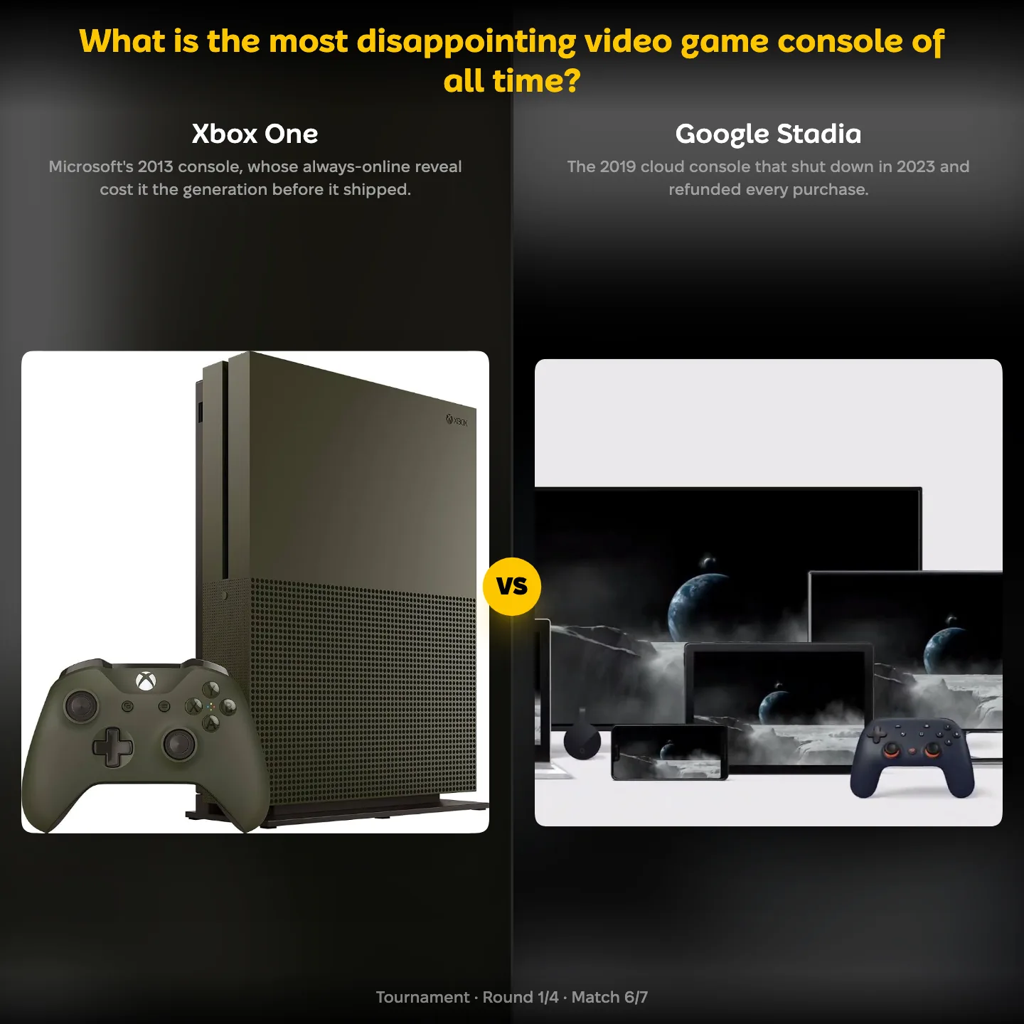 The most disappointing video game console of all time ranked, with the Xbox One against Google Stadia